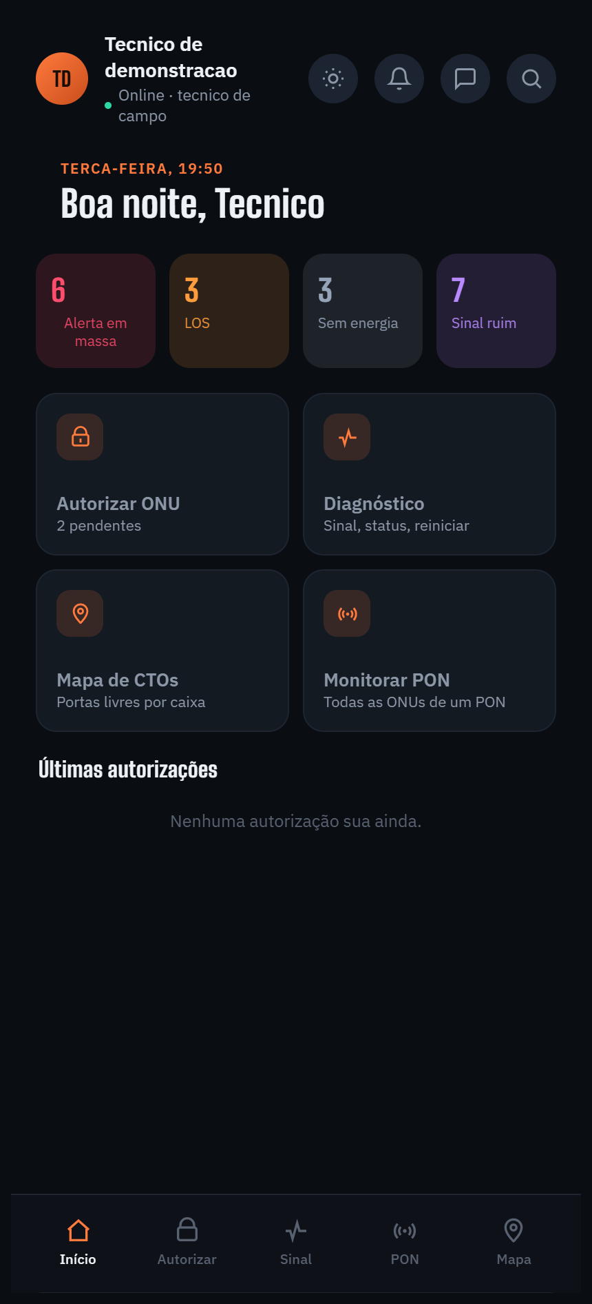 Telas reais do Painel OLT Pro com nomes de OLTs, empresas e dados pessoais ocultos — Início do App de Campo