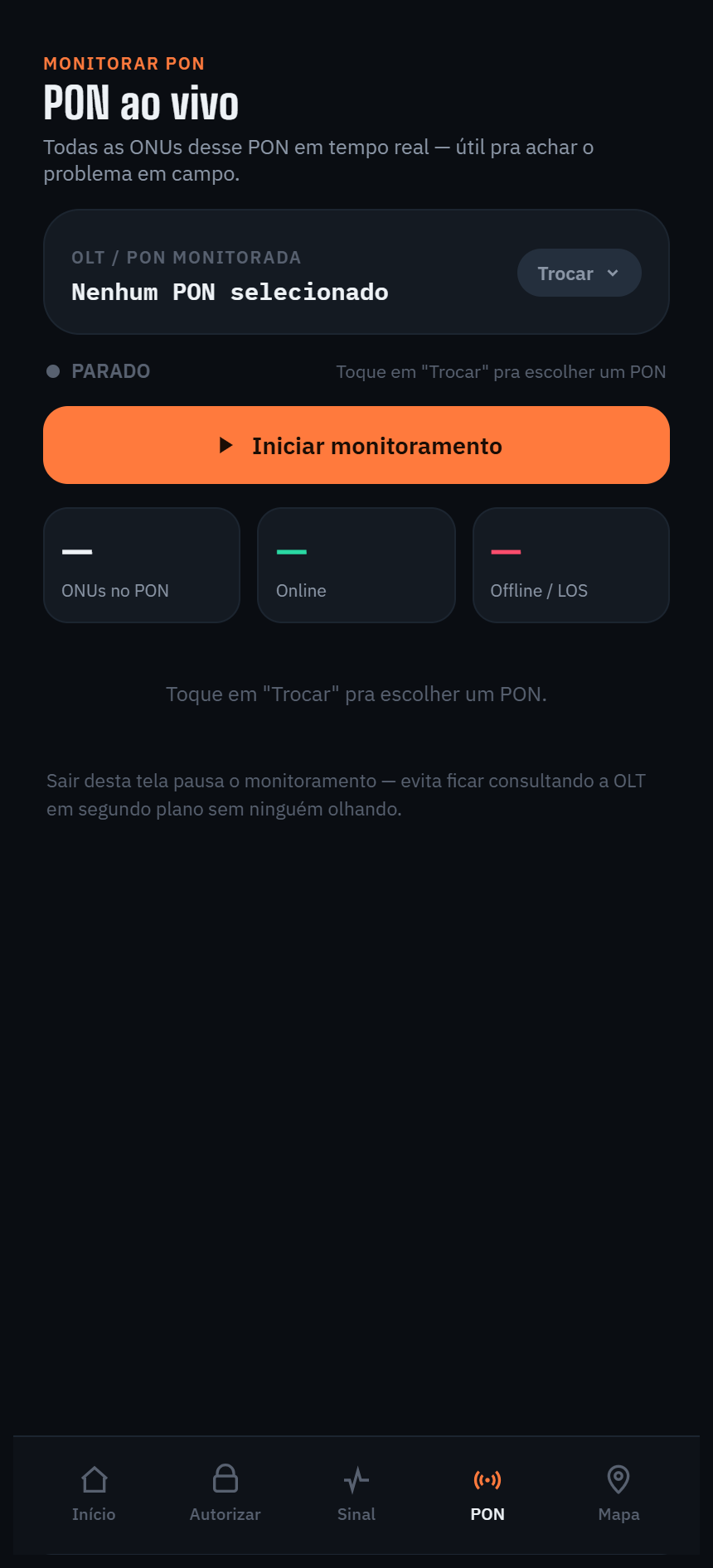 Telas reais do Painel OLT Pro com nomes de OLTs, empresas e dados pessoais ocultos — Monitorar PON